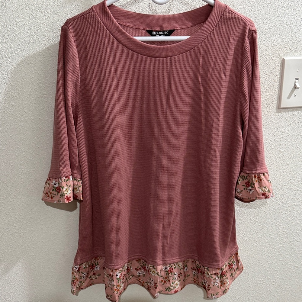 BloomChic Rose Waffle Knit Tunic with Floral Ruffle